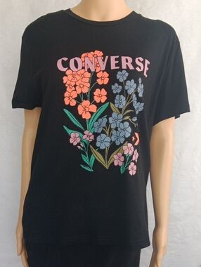 Converse Womens  Black Floral Graphic Tee SizeXL